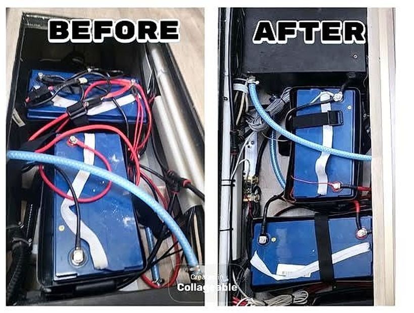 Before and after of a tidy vehicle rewire